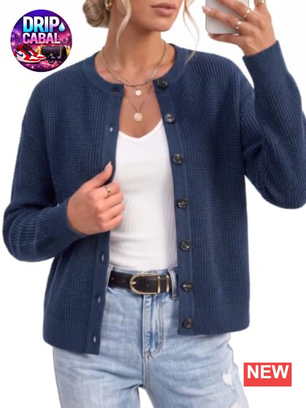 Chunky Knit Button Up Crew Neck Cardigan Fall Winter Work Sweater